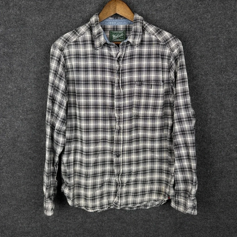 Woolrich Flannel Shirt Plaid Lightweight Cotton Button Up Black White Men Large